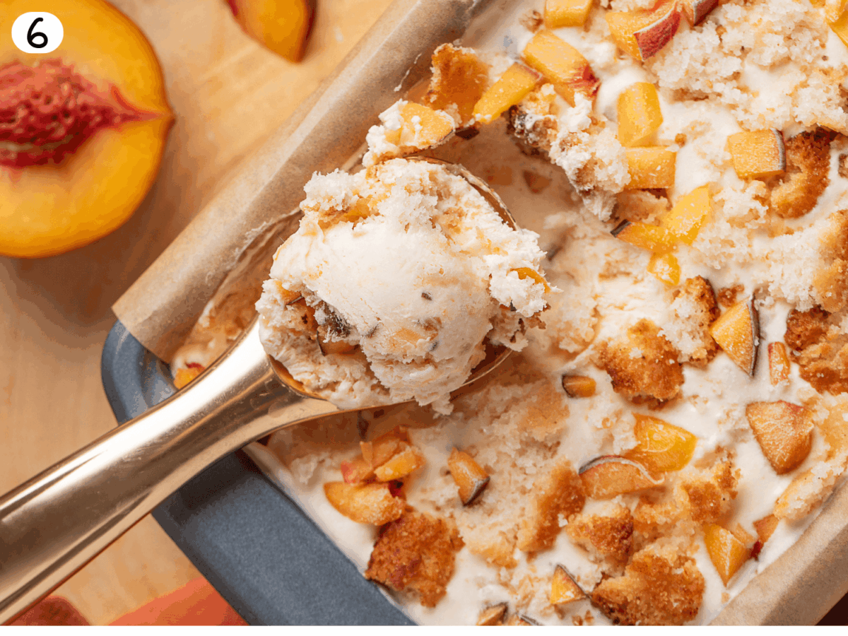step 6 photo showing frozen peach cobbler Ice Cream being scooped