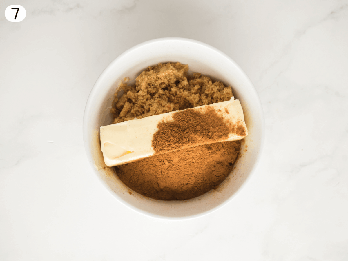 step 7 photo showing cinnamon roll filling ingredients sitting together in a bowl