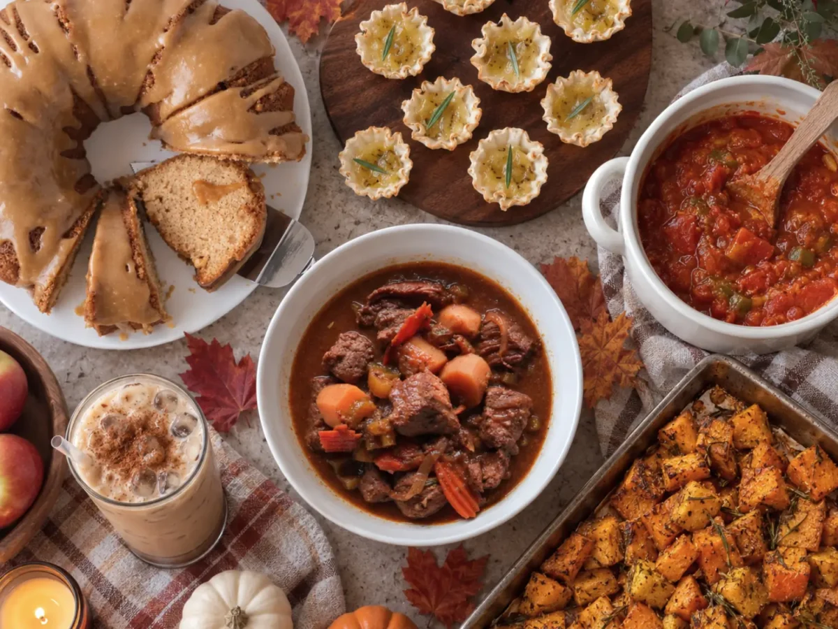 photo of a fall table that displays six of the recipes mentioned in the round-up next to leaves and pumpkins