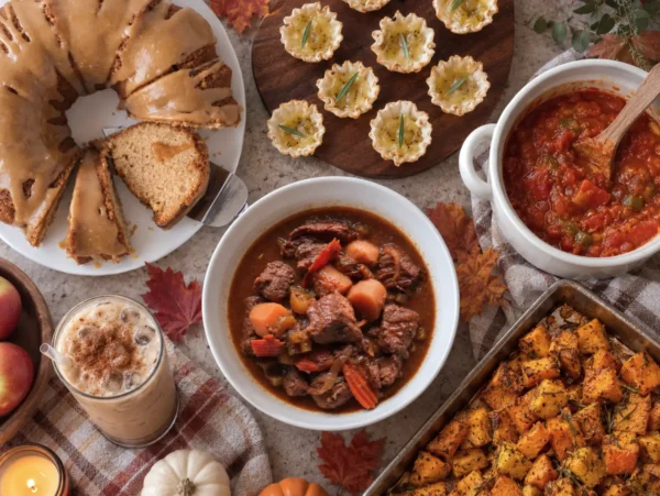 photo of a fall table that displays six of the recipes mentioned in the round-up next to leaves and pumpkins