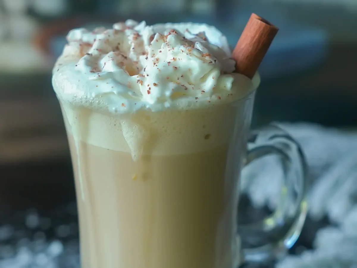 Close up photo of an eggnog latte in an irish glass