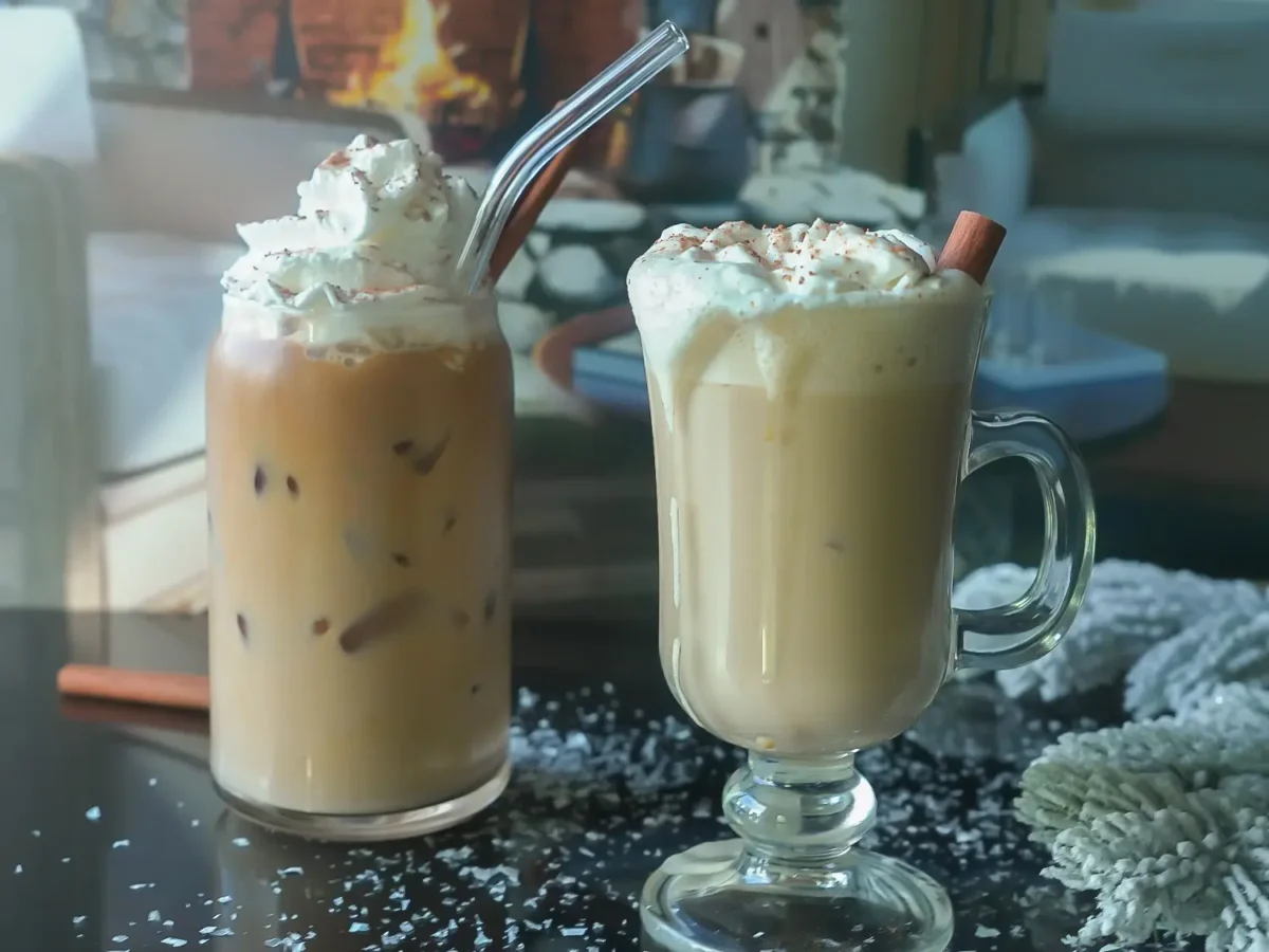 HERO photo of an eggnog latte both warm and iced
