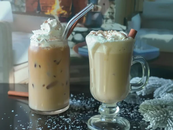 HERO photo of an eggnog latte both warm and iced