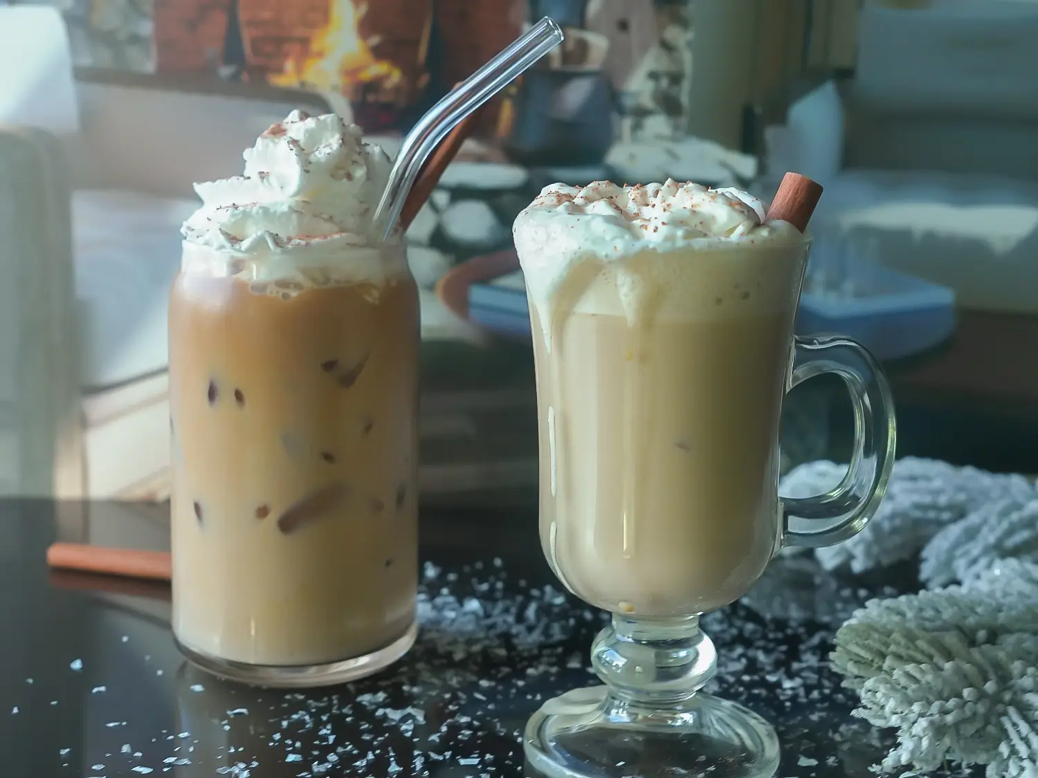 HERO photo of an eggnog latte both warm and iced