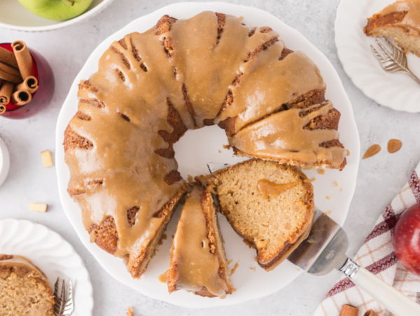 HERO photo of an overhead shot of apple bundt cake that's sliced open