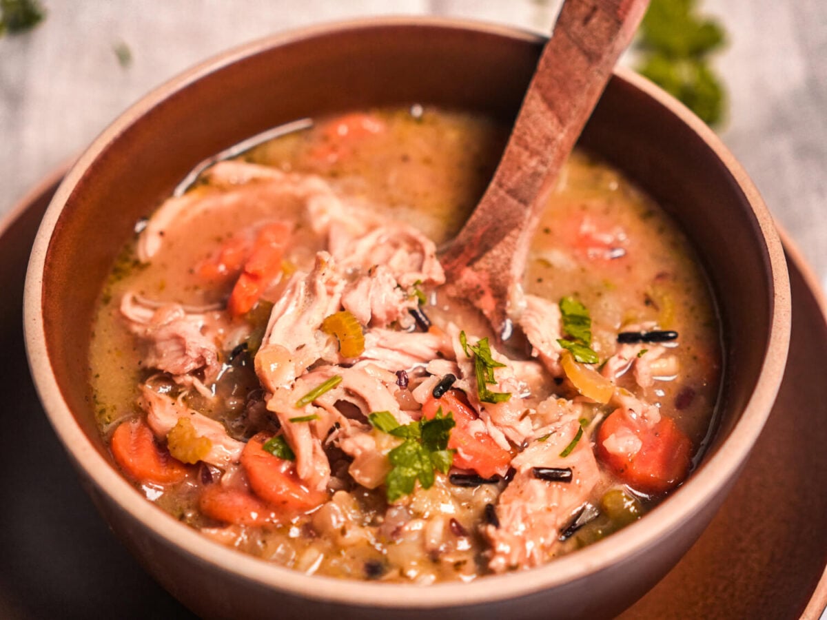HERO photo of chicken and wild rice soup in a brown bowl with parsley on top