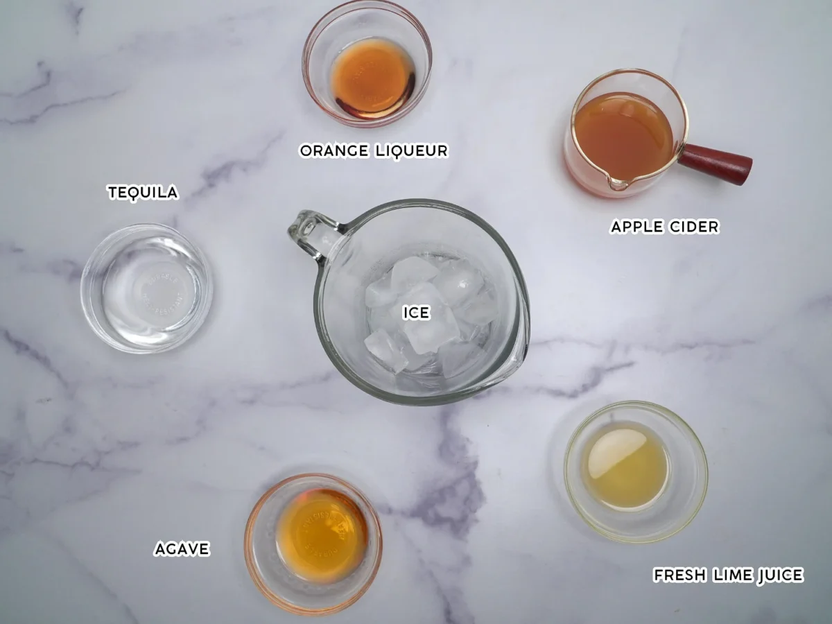 Overhead view of measured apple cider margarita ingredients arranged around an ice-filled cocktail shaker, including tequila, orange liqueur, apple cider, lime juice, agave