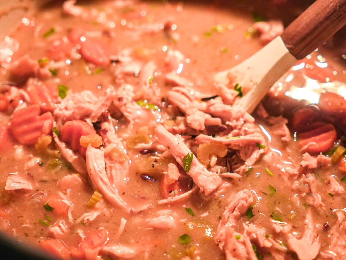 close up photo of a white spoon scooping chicken and wild rice soup in a pot