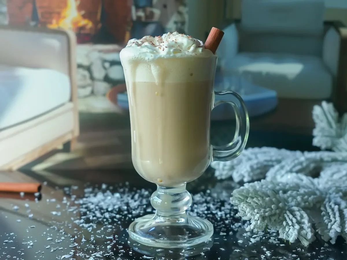 far away photo of an eggnog latte in an irish coffee glass surrounded by snow