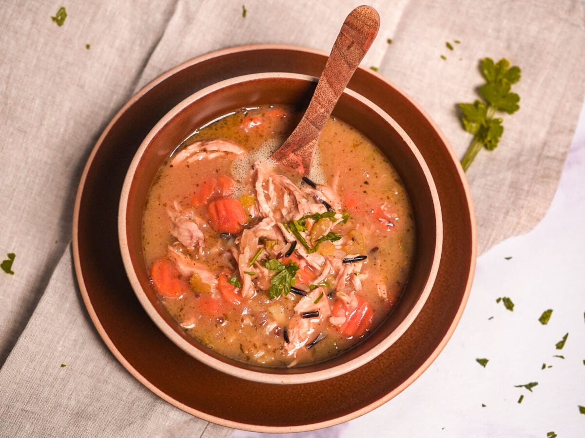 overhead photo of chicken and wild rice soup