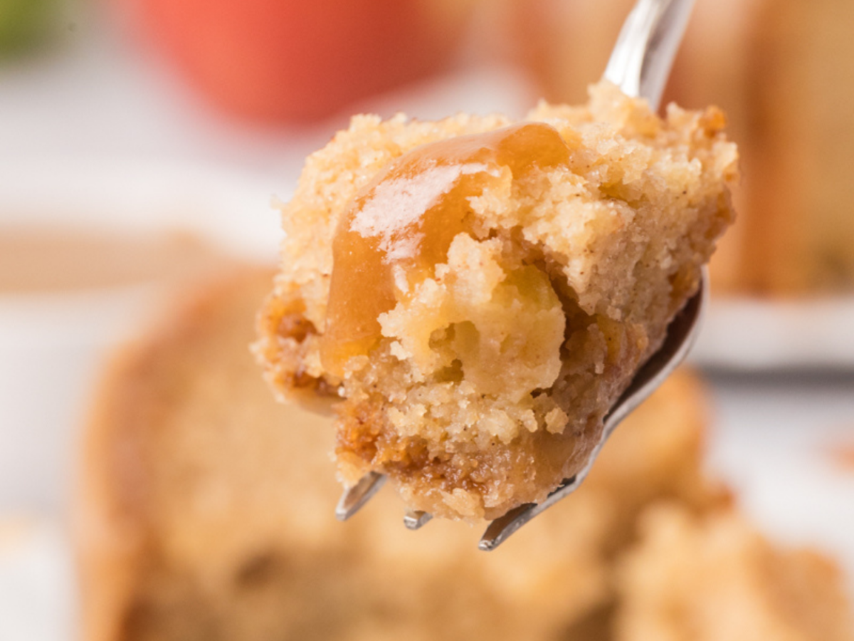 photo of a piece of apple bundt cake on a silver fork