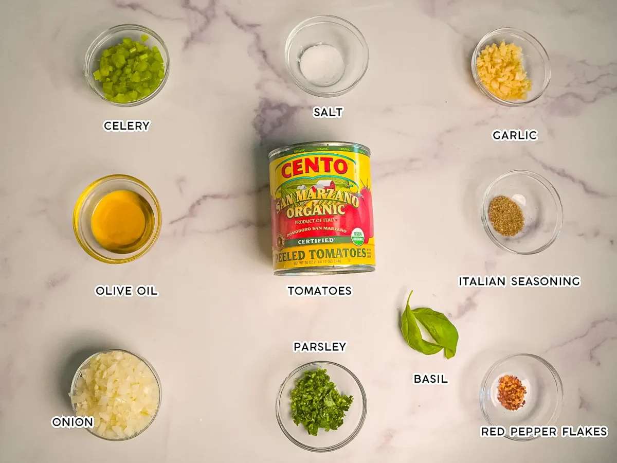 photo of marinara sauce ingredients on a marble surface