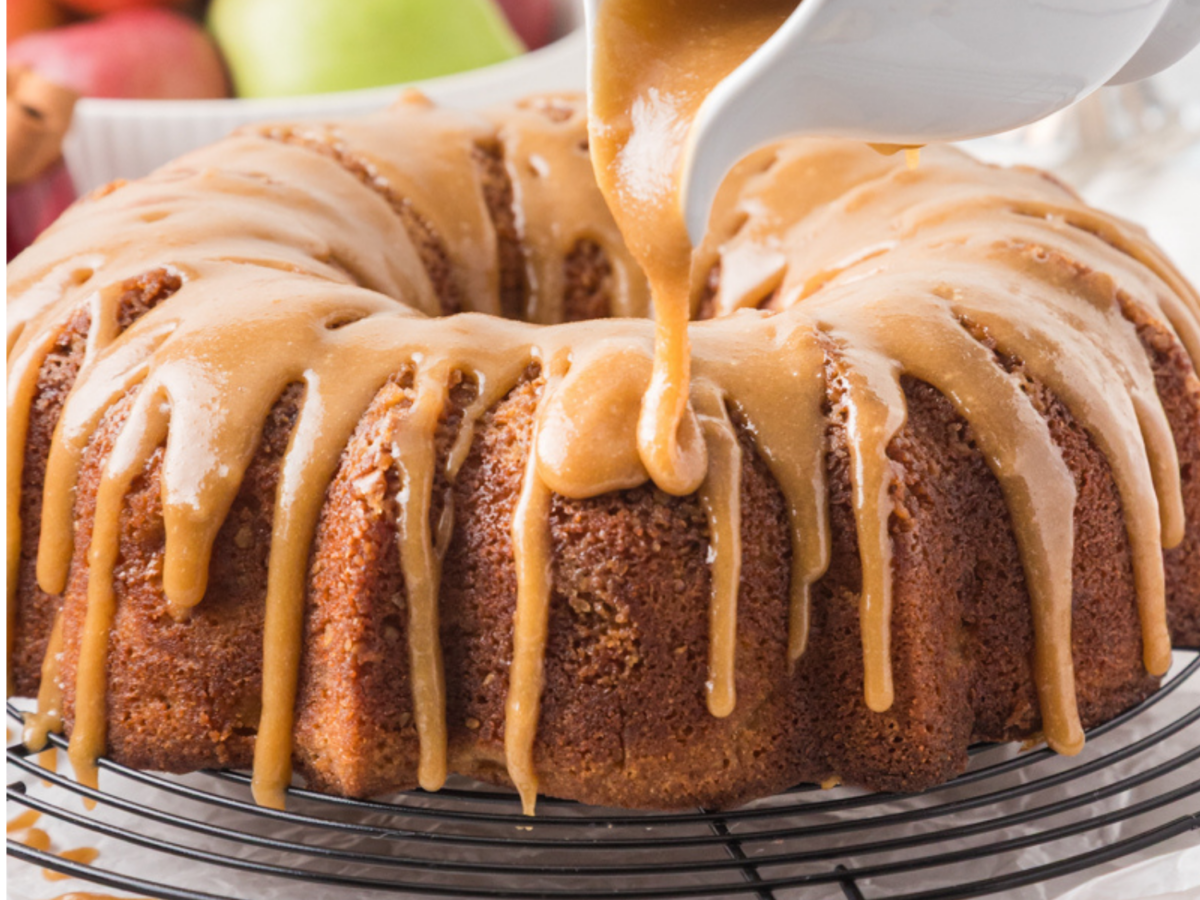 photo showing salted caramel drizzle on an apple bundt cake