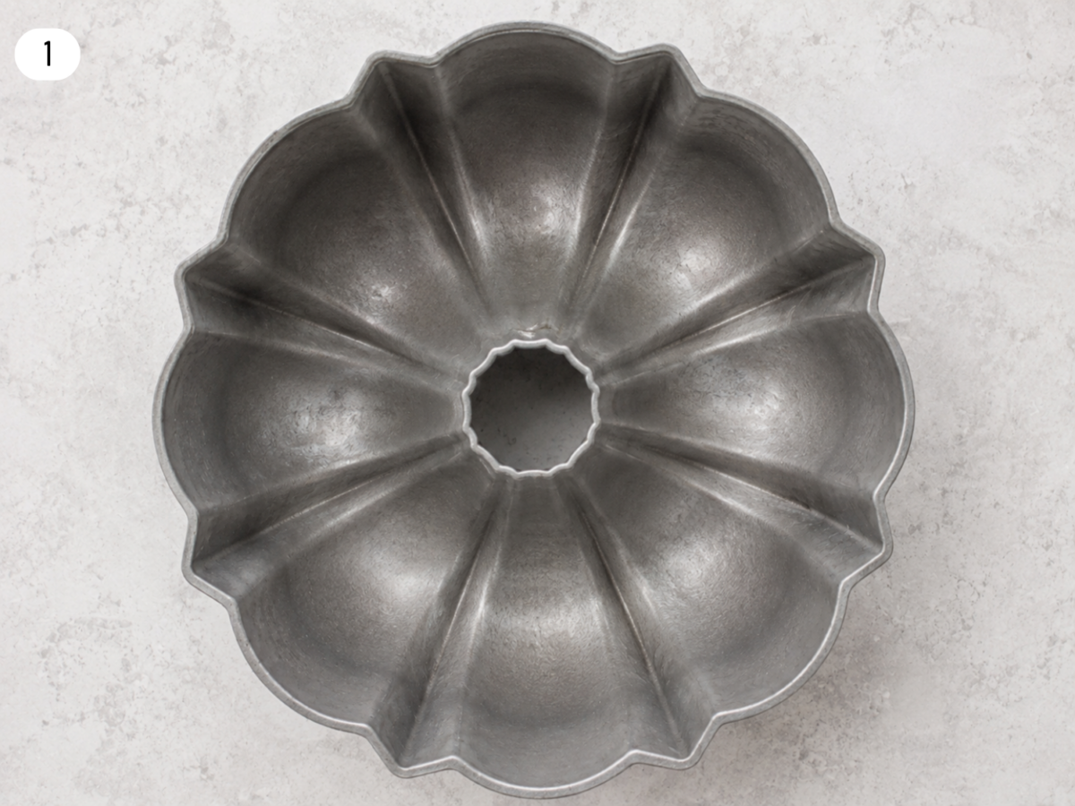 step 1 photo showing a prepped bundt pan