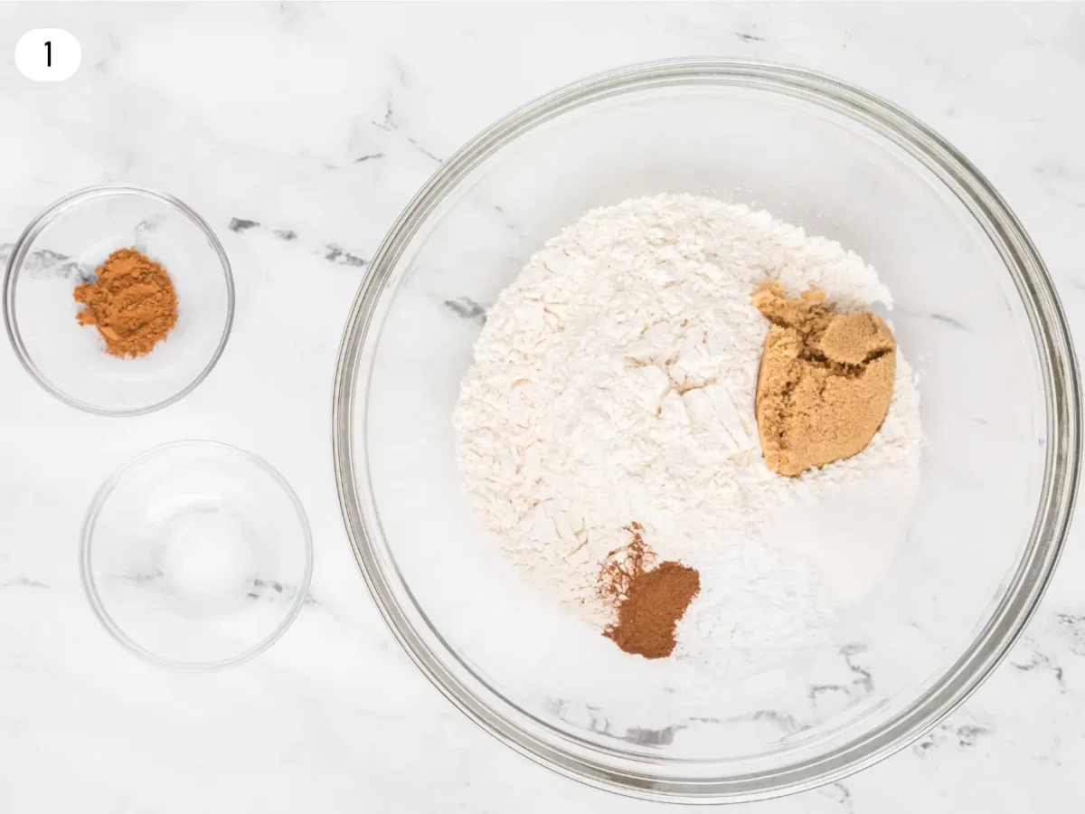 step 1 photo showing the dry ingredients in a glass bowl