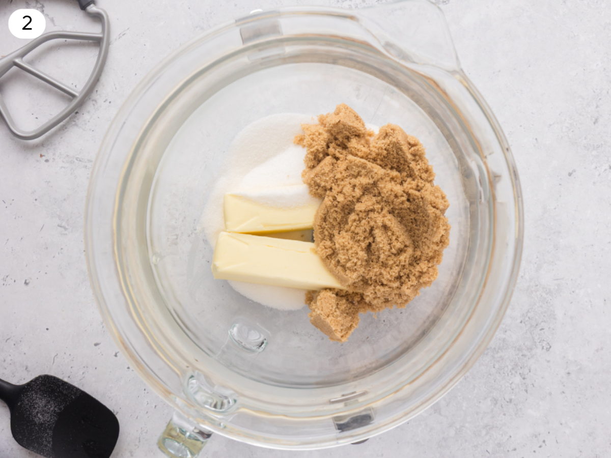 step 2 photo showing butter, brown sugar, and granulated sugar in one bowl