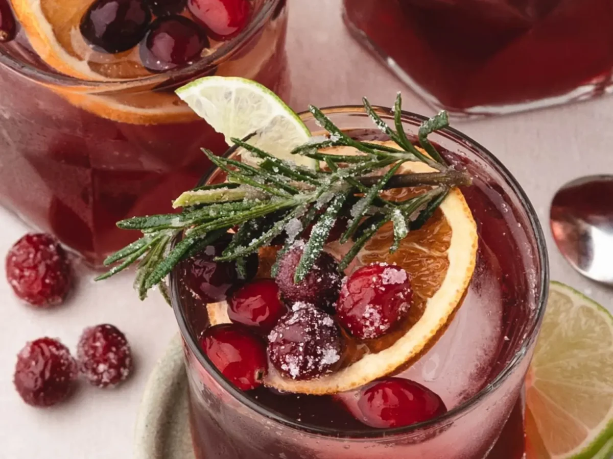 Close-up of a cranberry spritzer garnished with sugared cranberries, an orange slice, a lime wedge, and a rosemary sprig