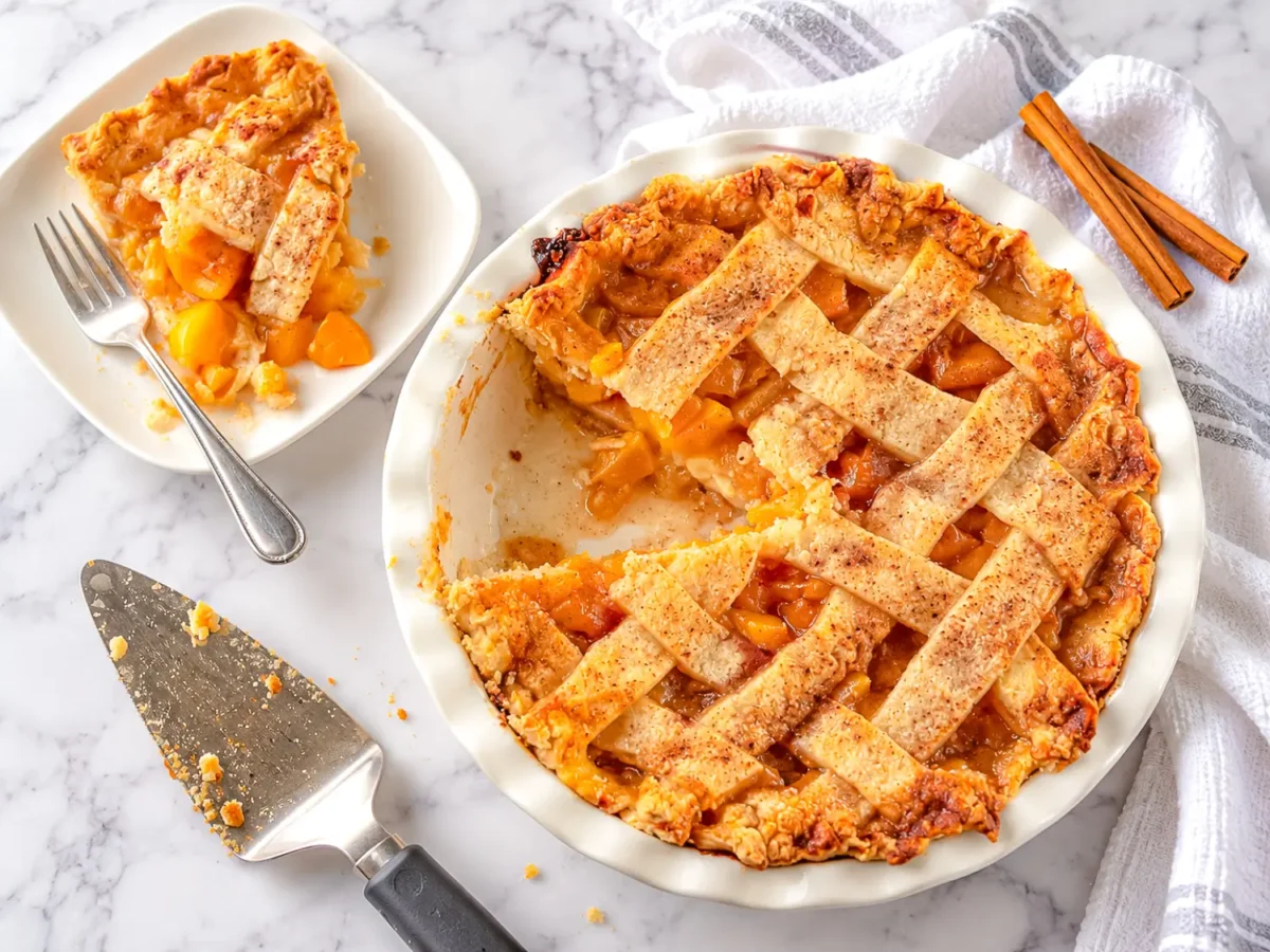 Photo of peach pie on a marble surface with a plate of pie next to it
