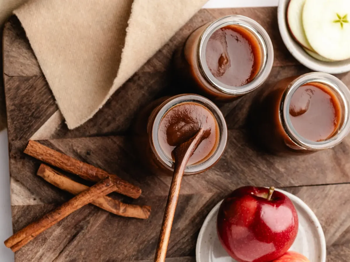 overhead photo of 3 jars of apple butter on a wooden cutting board