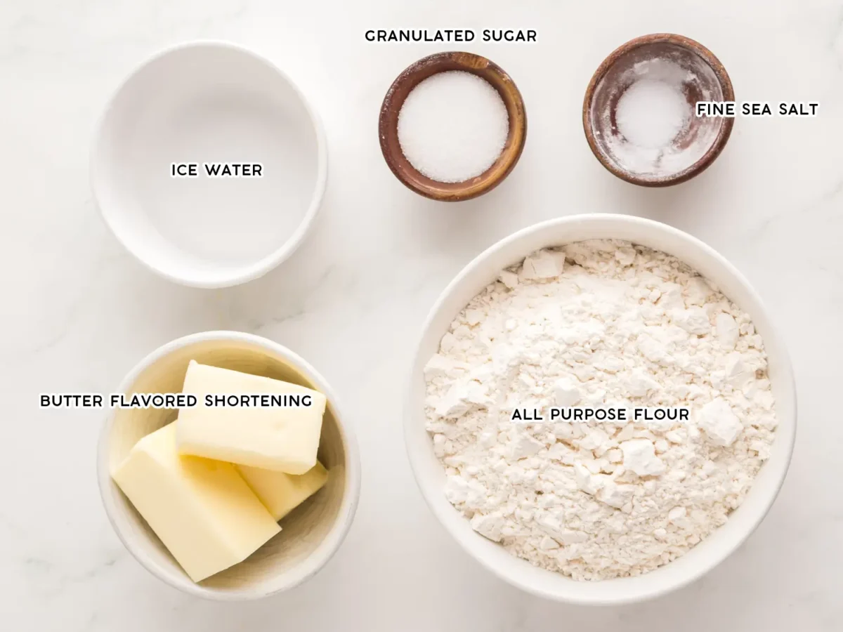 photo of Crisco Pie Crust Recipe ingredients on a marble surface