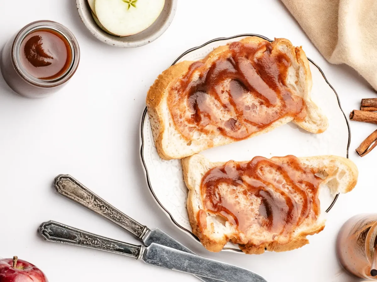 photo of apple butter on 2 slices of bread on a white plate