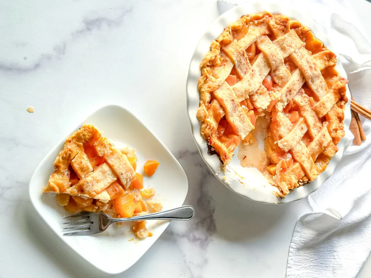 photo showing pie crust with a slice of pie on a plate next to it