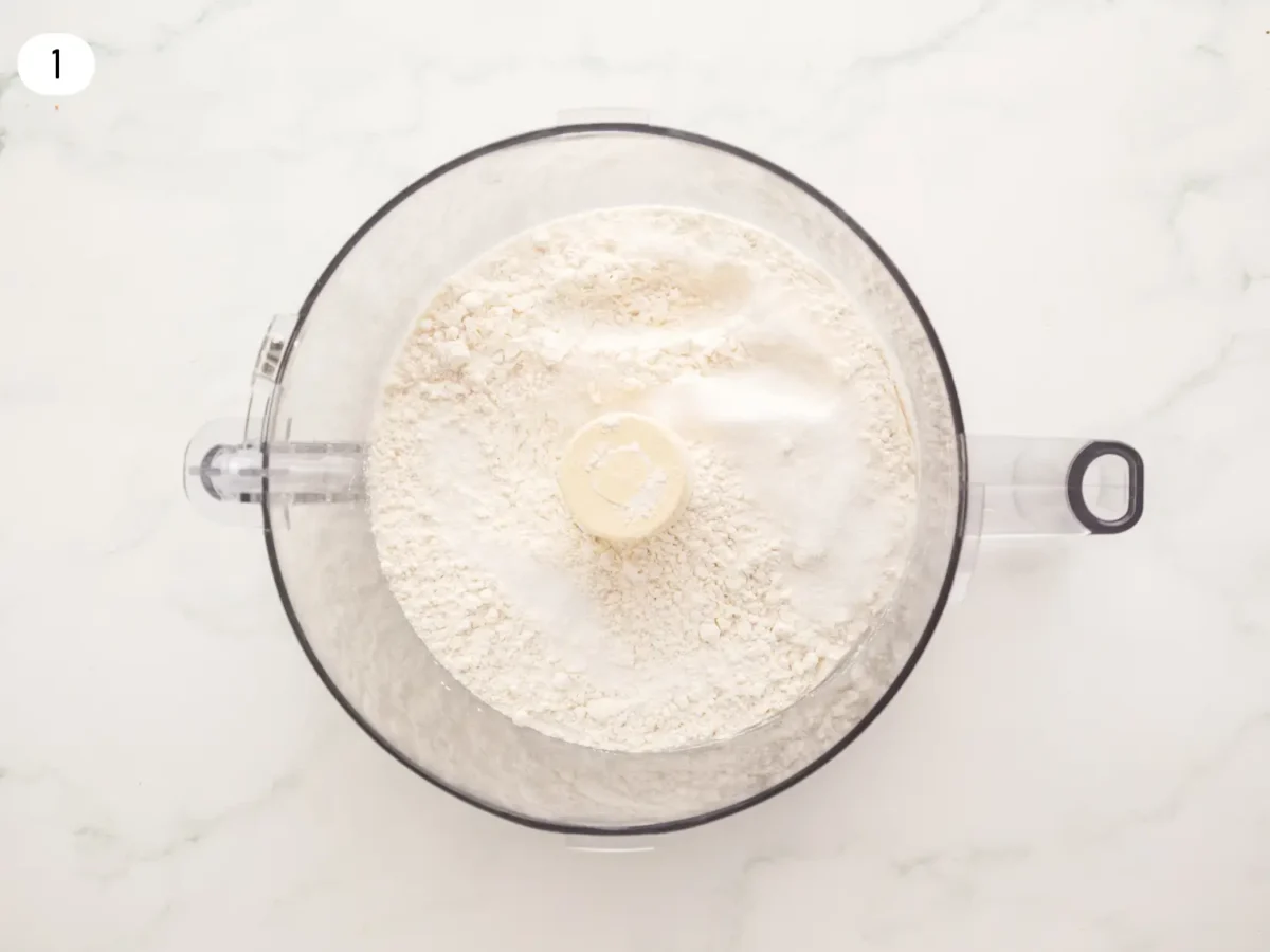 step 1 photo showing dry ingredients in a food processor